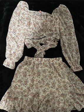 Girls Floral Wrap Crop Top and Skirt Set - Cream/Pink